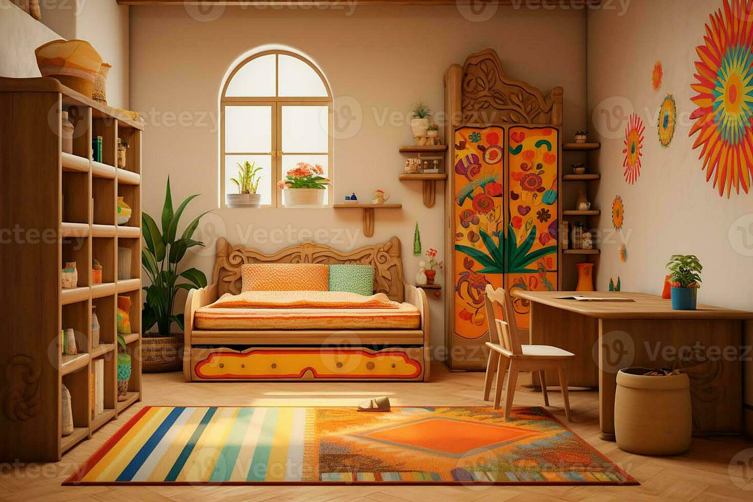 Beautiful ethno-style living room, retro-old living room, different conceptual style, different kind of living room object, interior style photo