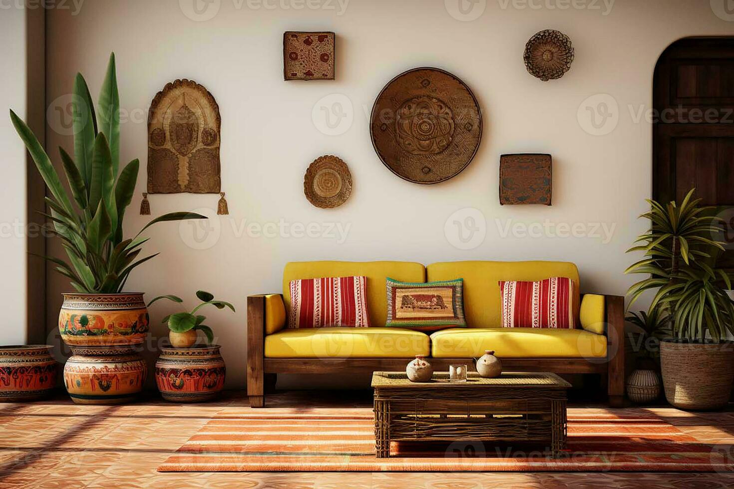 Beautiful ethno-style living room, retro-old living room, different conceptual style, different kind of living room object, interior style photo