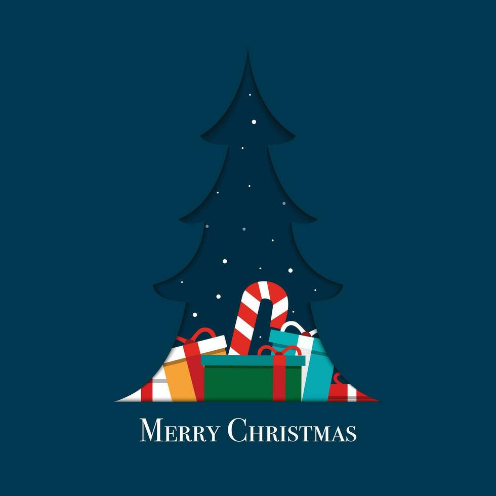 alegre Navidad con árbol y regalo caja vector