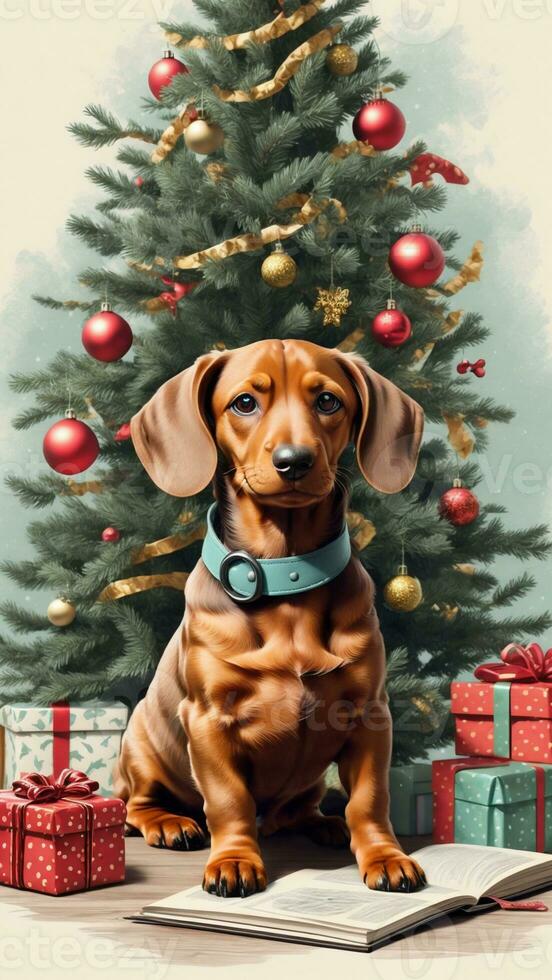 dachshund on the background of a christmas tree graphic for christmas photo