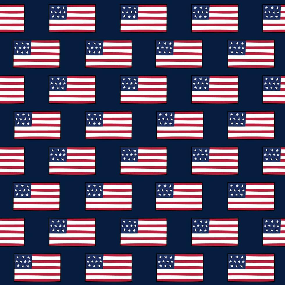 USA flags doodle seamless pattern. Vector background with US symbols. United States of America design elements. Repeating illustration