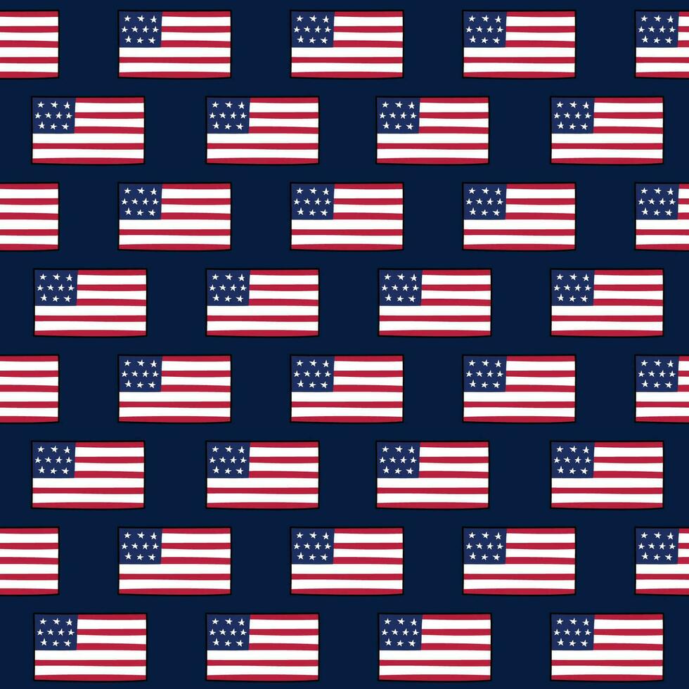 USA flags doodle seamless pattern. Vector background with US symbols. United States of America design elements. Repeating illustration