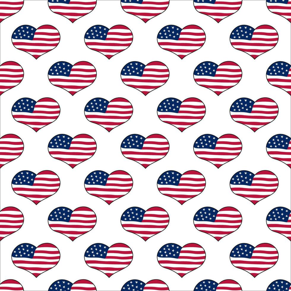 American flags seamless pattern. Vector background with doodle heart US symbols. United States of America design elements. Repeating illustration