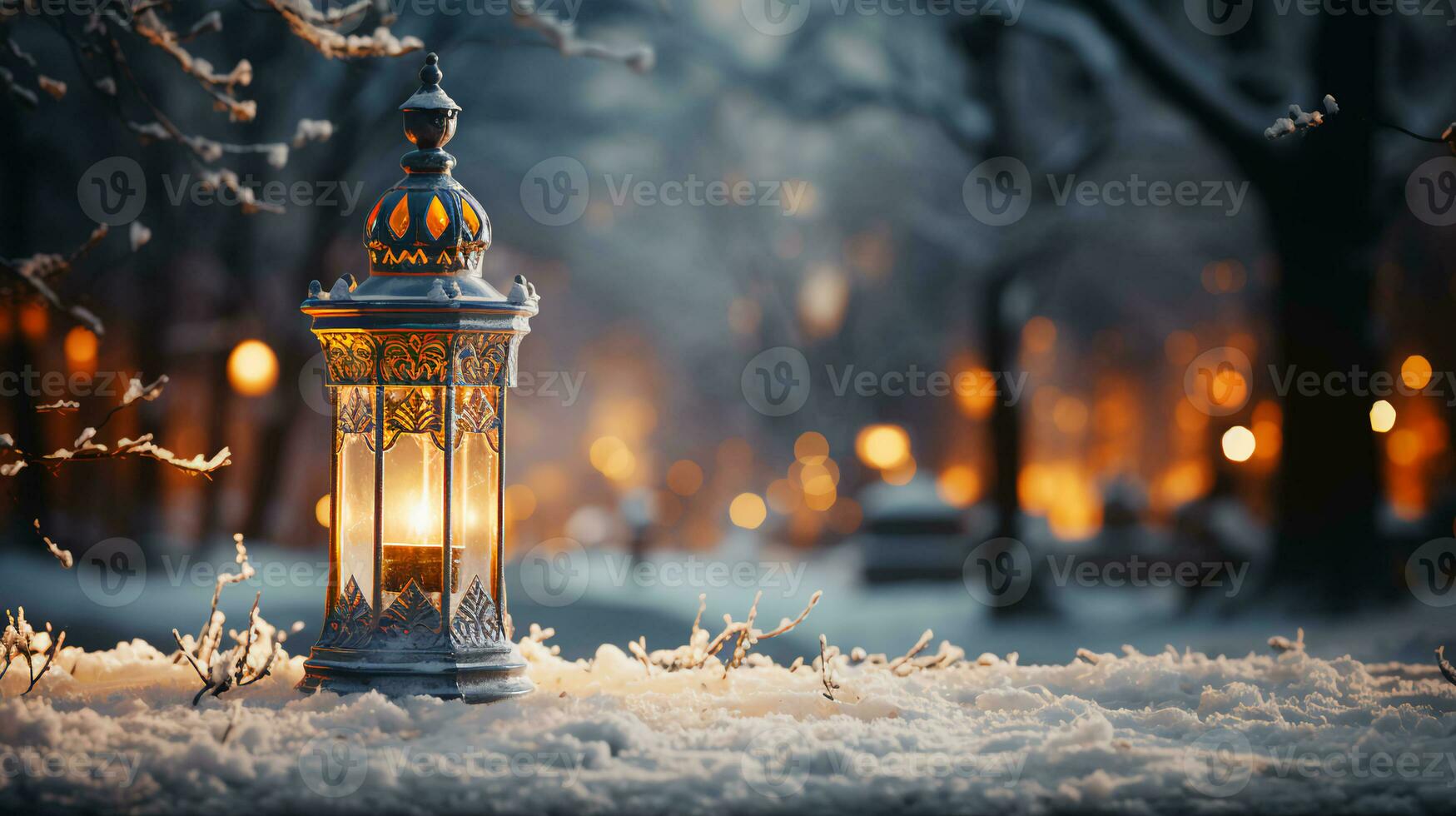 AI-Generated Lantern at night in the park in the snow for New Year and Christmas photo