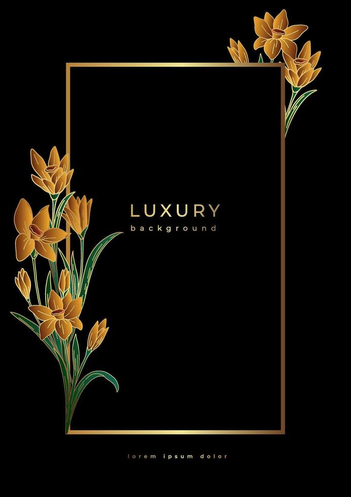 Luxury vintage poster with golden flowers. Vanilla orchid blossom frame on black background. Gold floral template vector