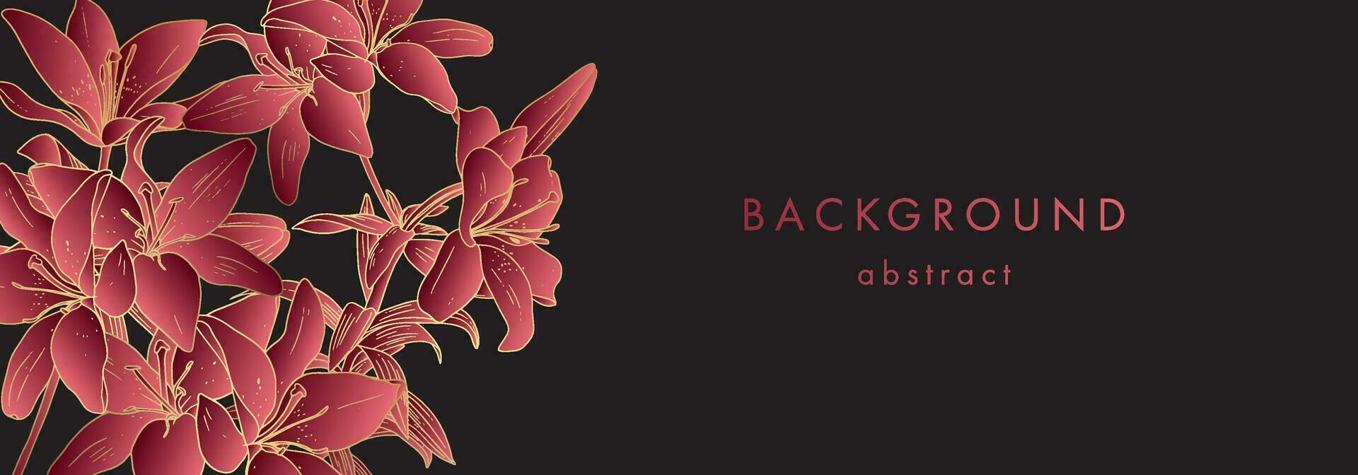 Luxury banner with pink golden lilies. Shiny gold flowers on black background vector