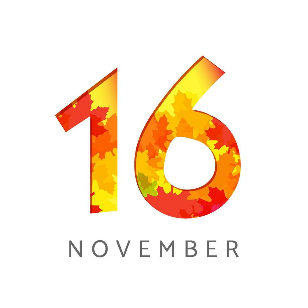 noviembre dieciséis calendario número logo. otoño firmar concepto. planificador o bandera modelo. 1 y 6 6 símbolo. creativo icono con otoño hojas. estacional emblema con rojo, amarillo y naranja colores, dieciséis por ciento idea vector