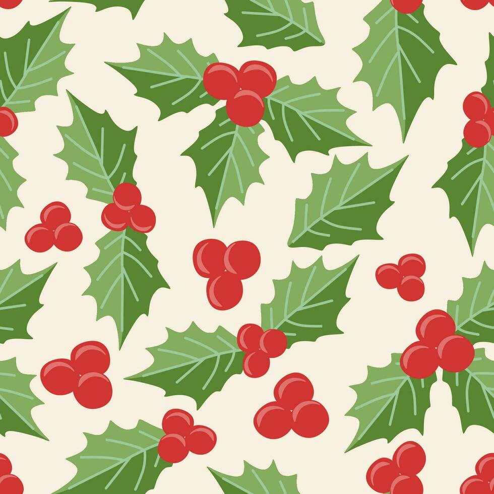 Christmas Holly berries and Leaves seamless pattern. Flat Christmas vector illustration. Flat style Cartoon background, Loopable element for Wrapping paper, Holiday template, Decoration and design