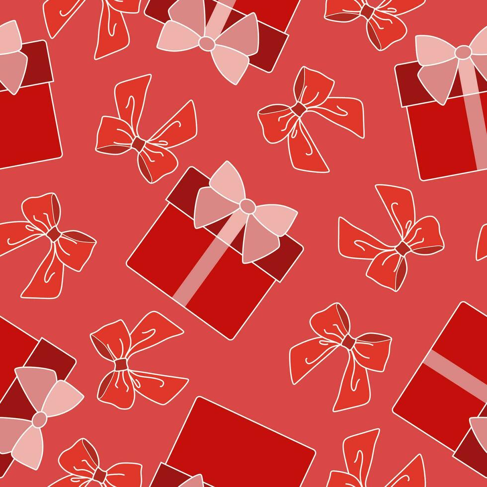 Bows and gift boxes seamless pattern. Vector red and pink Template for Wrapping paper Happy Mother or Valentine Day, Christmas Holiday. Flat style Romantic cartoon background for package design