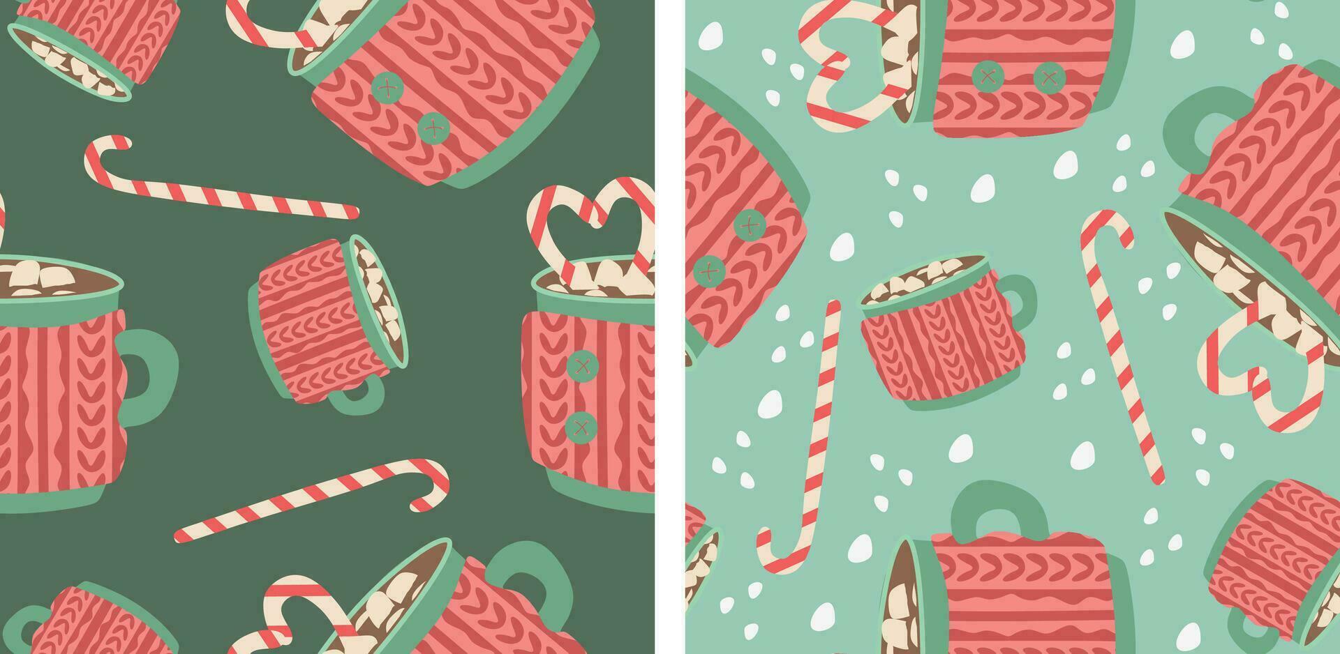 Set Flat seamless pattern with a cups of cocoa, snowflakes, marshmallows and candy cane. Vector background is made of Hot seasonal drinks. Poster, card, Wrapping paper. Christmas and New year template