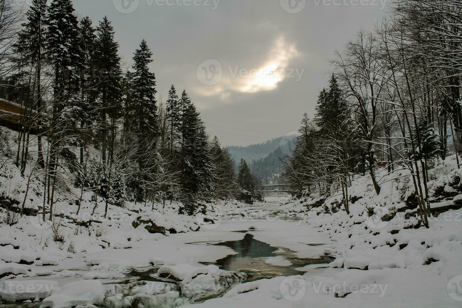 Mountain river in winter. Snow-covered gorge in the Carpathians. Frozen water in a stream flowing among the stones. Background of mountains and forest. Atmosphere of Christmas and New Year photo