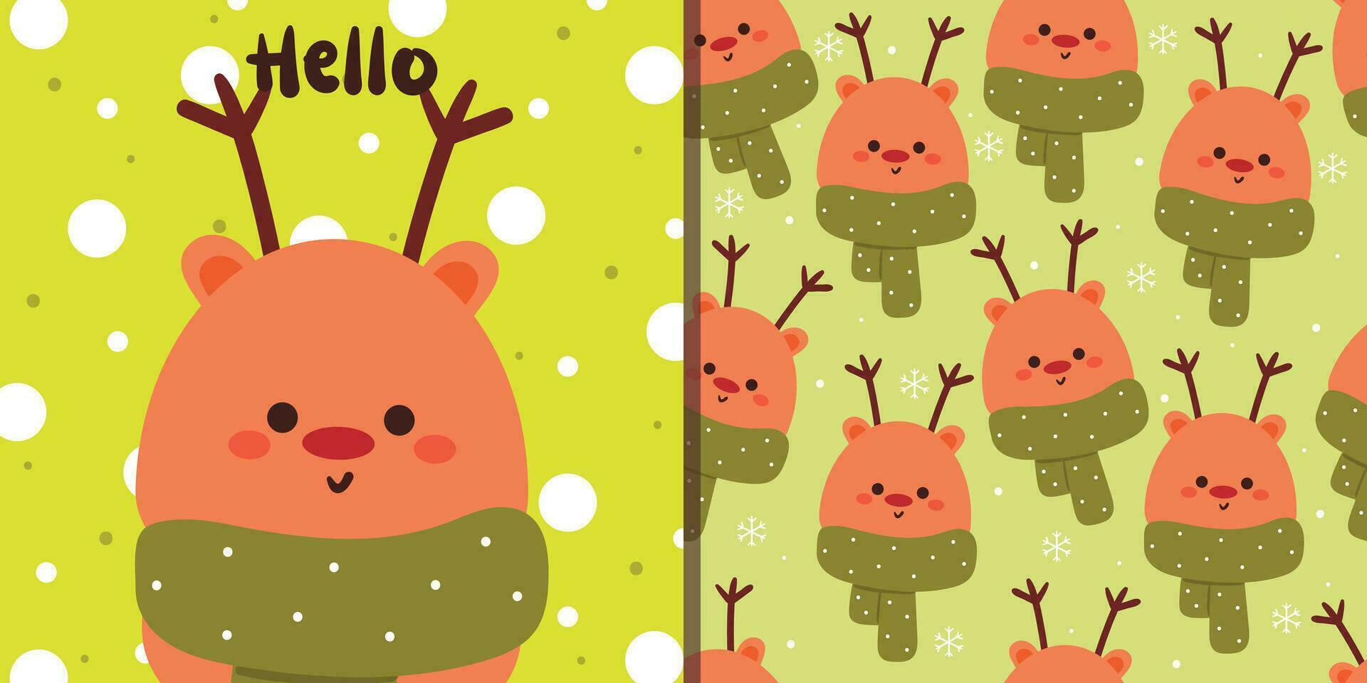 cute set of animal wallpaper and card. seamless pattern cartoon deer wearing scarf. cute animal wallpaper for gift wrap paper, winter wallpaper vector