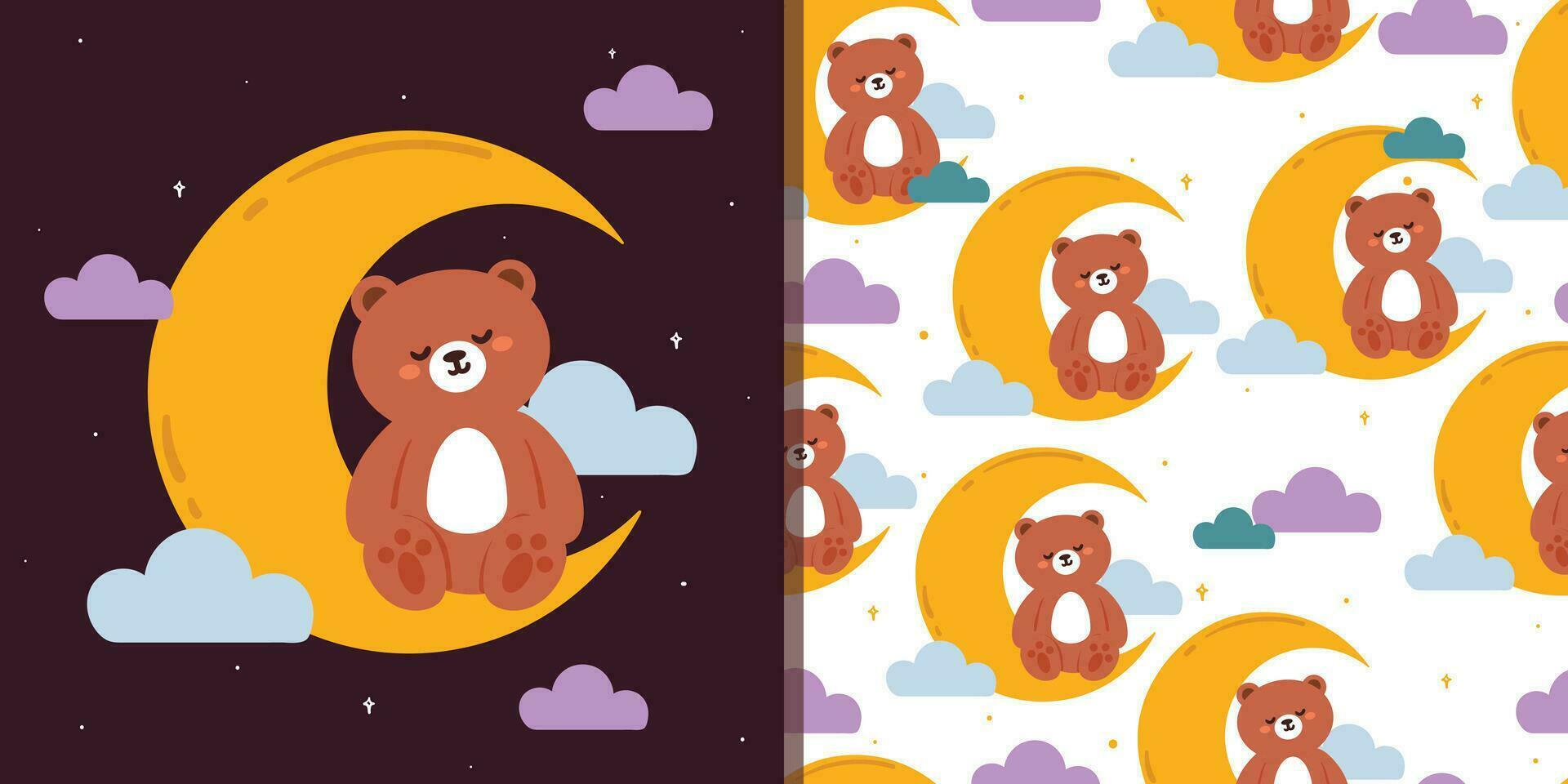 cute seamless pattern and card cartoon bear with moon. cute night sky element wallpaper for gift wrap paper, digital print vector