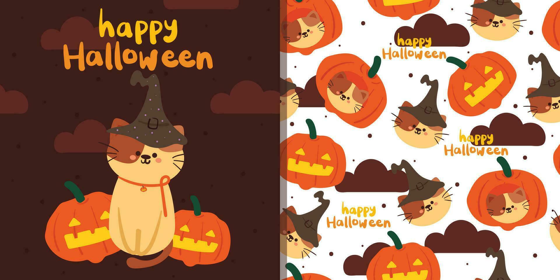 Halloween seamless pattern and card with cartoon pumpkin, cat, and halloween element. cute halloween wallpaper and card for holiday theme, gift wrap paper vector