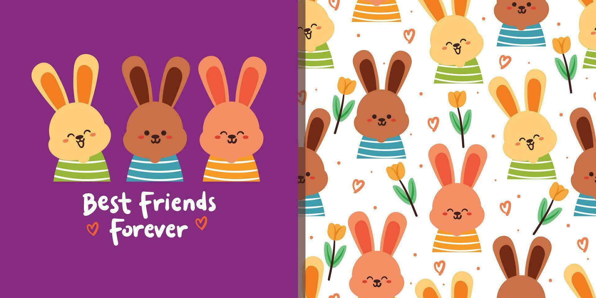 seamless pattern and card, hand drawing cartoon bunny and flower. cute animal card and pattern for gift wrap paper vector