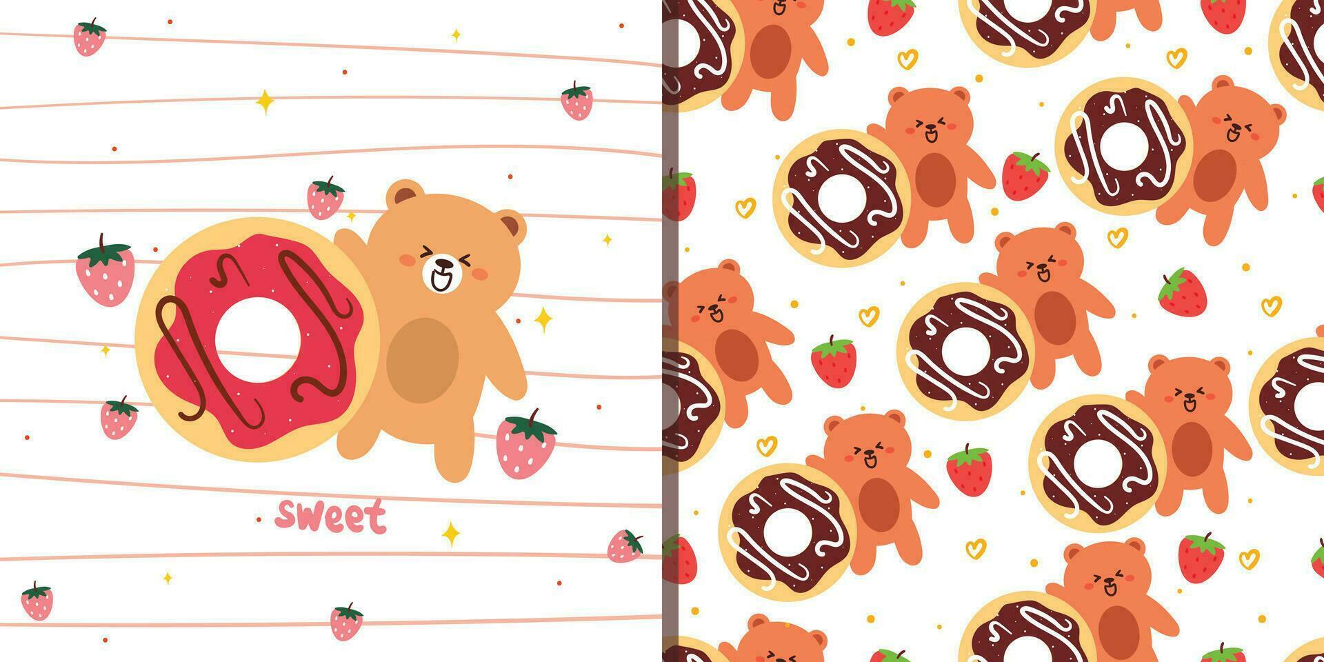 cute seamless pattern and card cartoon bear with cute dessert. animal wallpaper for kids, textile, fabric print, gift wrap paper vector