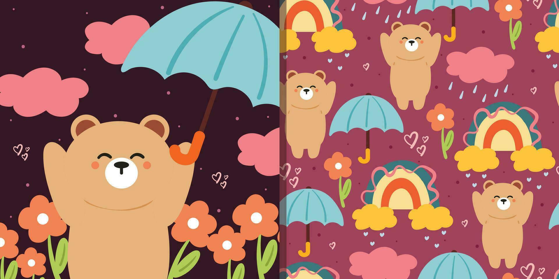 seamless pattern and card, hand drawing cartoon bear with flower. cute animal card and pattern for gift wrap paper vector