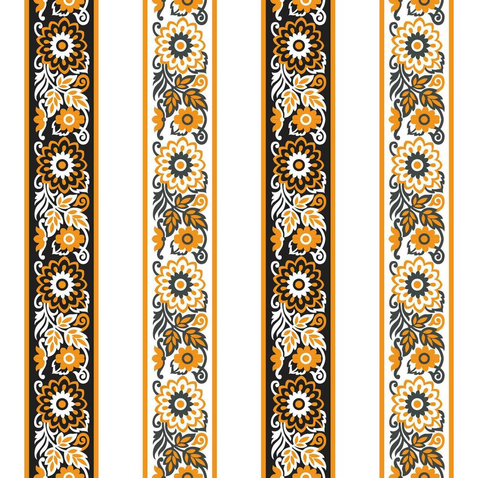 A vibrant striped borders fabric with floral patterns vector