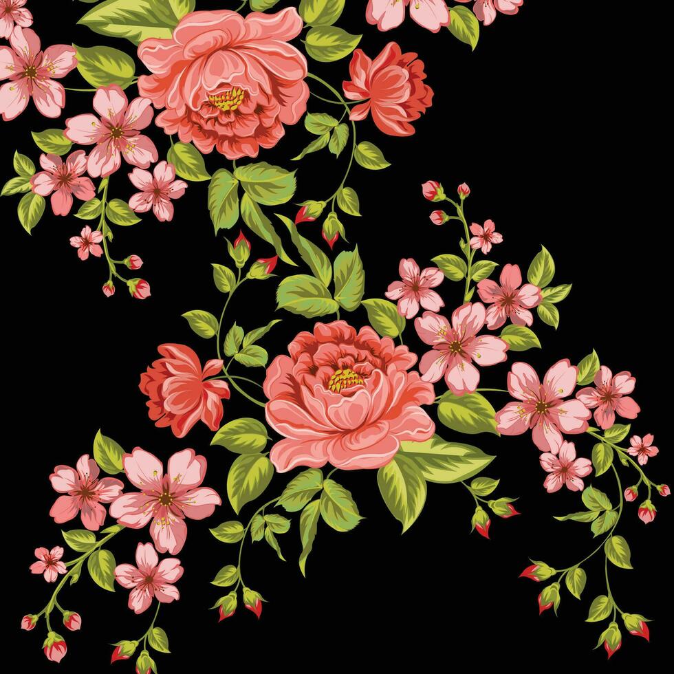 Beautiful pink flowers and green leaves on a black background vector