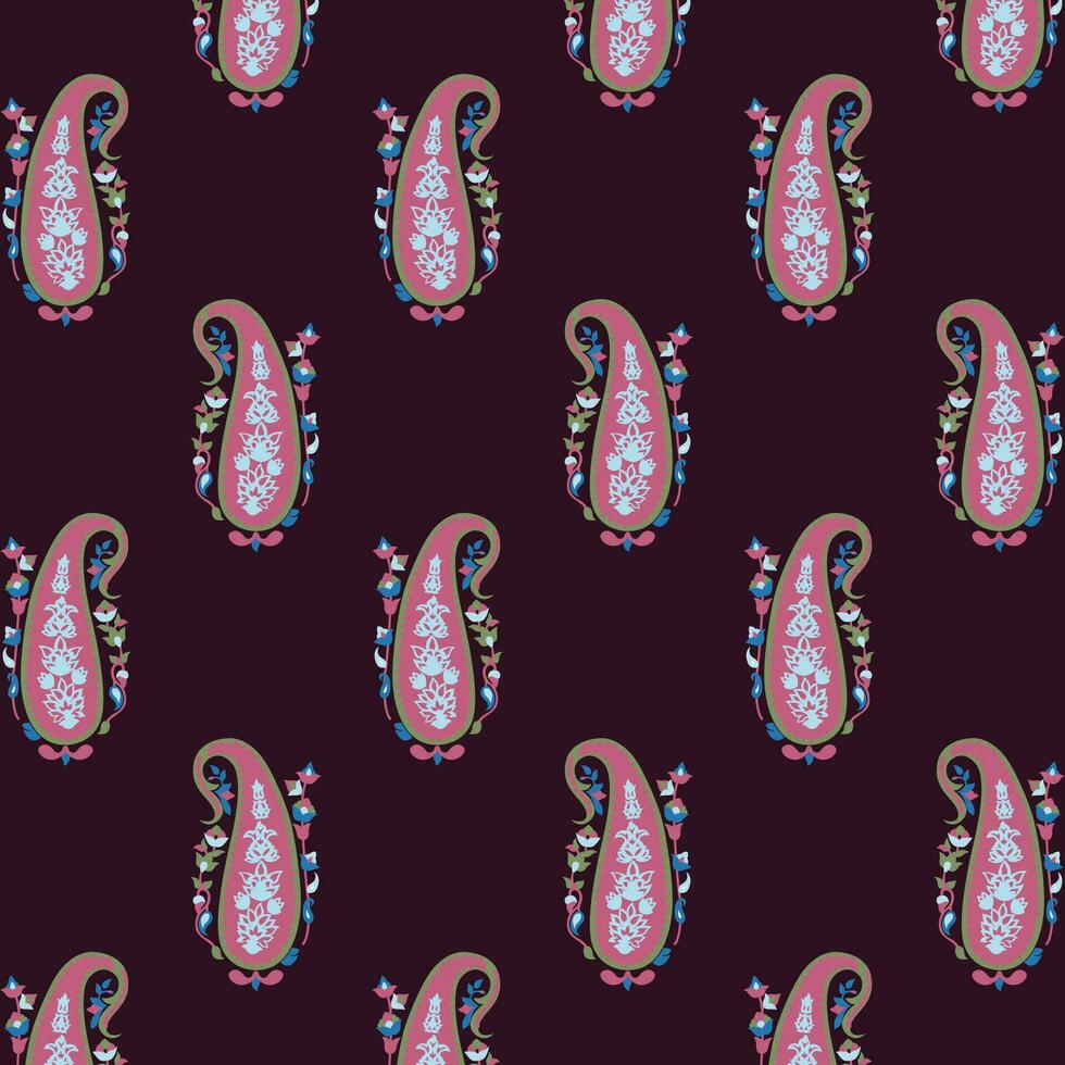 A pattern of pink and blue paisley on a purple background vector