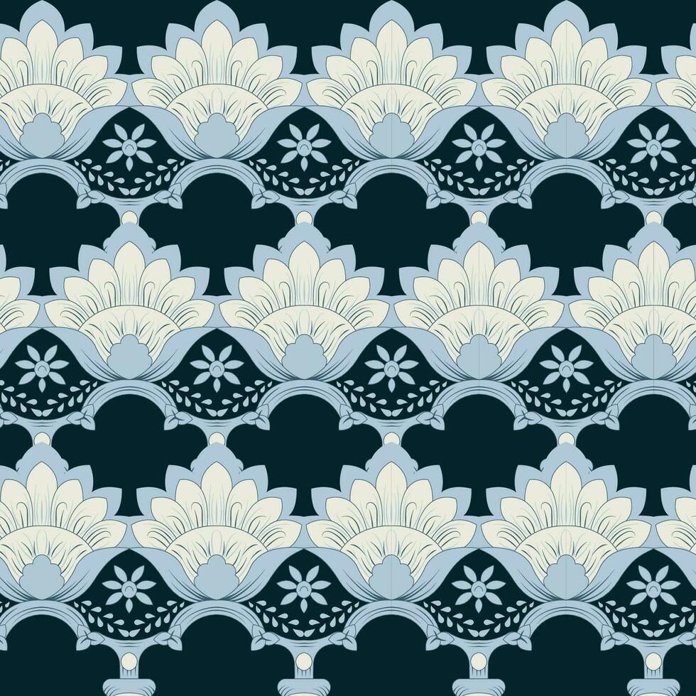 A beautiful blue and white floral wallpaper design, repeated seamless pattern, border vector