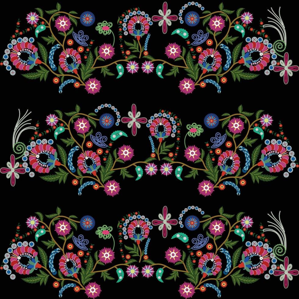 Colorful border of flowers and leaves on a black background vector