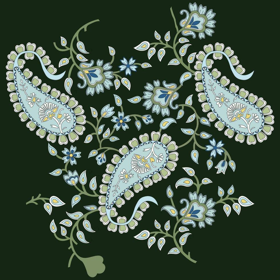 A vibrant blue and white floral pattern paisley against a refreshing green backdrop vector