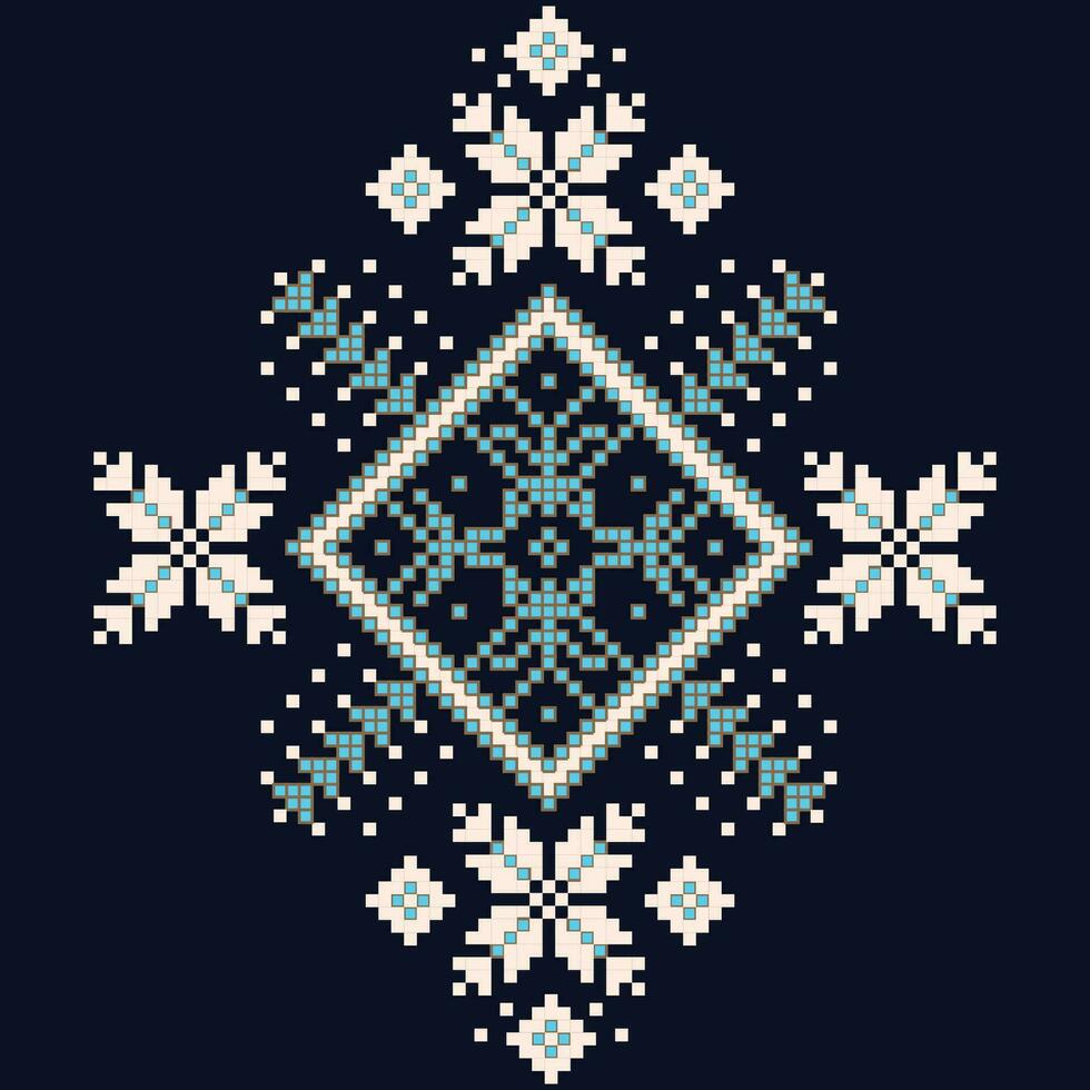 A cross stitch pattern with snowflakes on a dark blue background vector