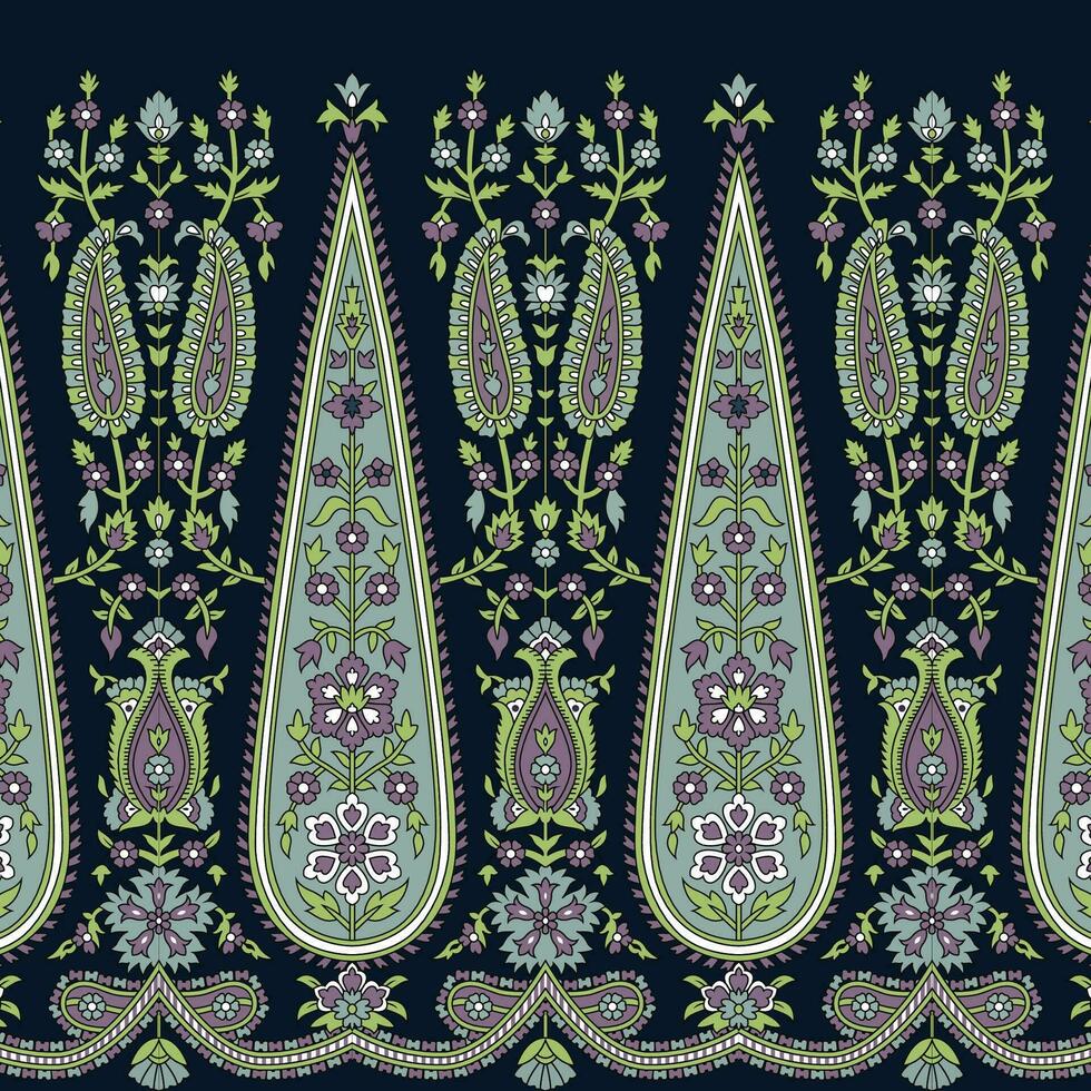 A vibrant paisley design on a dark background, repeated seamless border, pattern vector