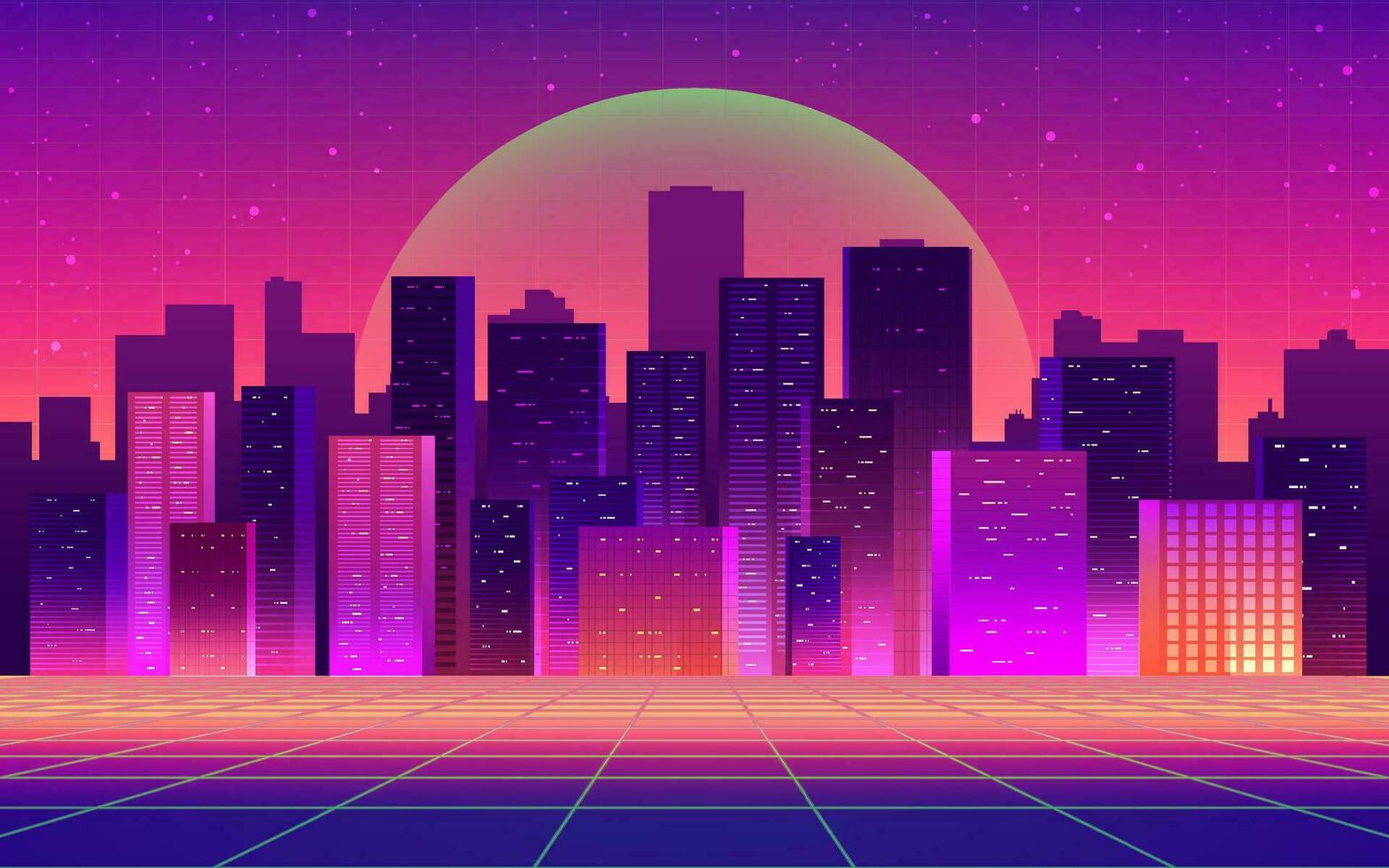 futurista noche ciudad con tecnológico ligero cuadrícula antecedentes. digital futurista ciber céntrico espacio diseño, cyberpunk tecnología, pueblo virtual realidad, Ciencias ficción matriz, vector ilustración