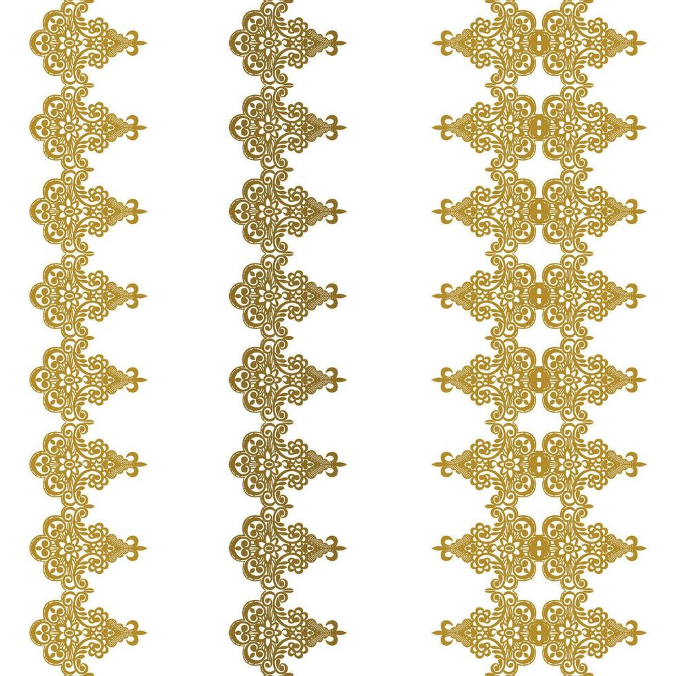 A close-up shot of golden lace detailing on a pristine white fabric background vector