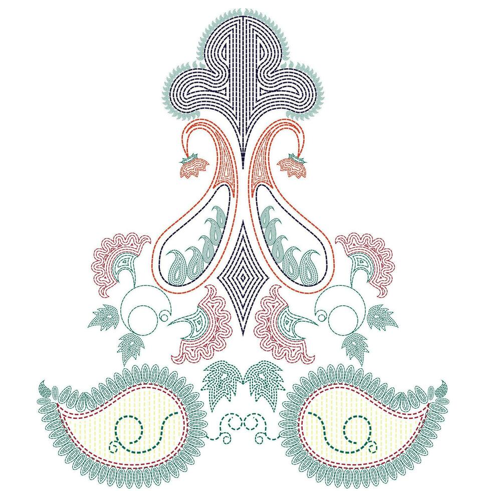 A minimalist white background with a bold blue and red dotted stitched paisley pattern design vector