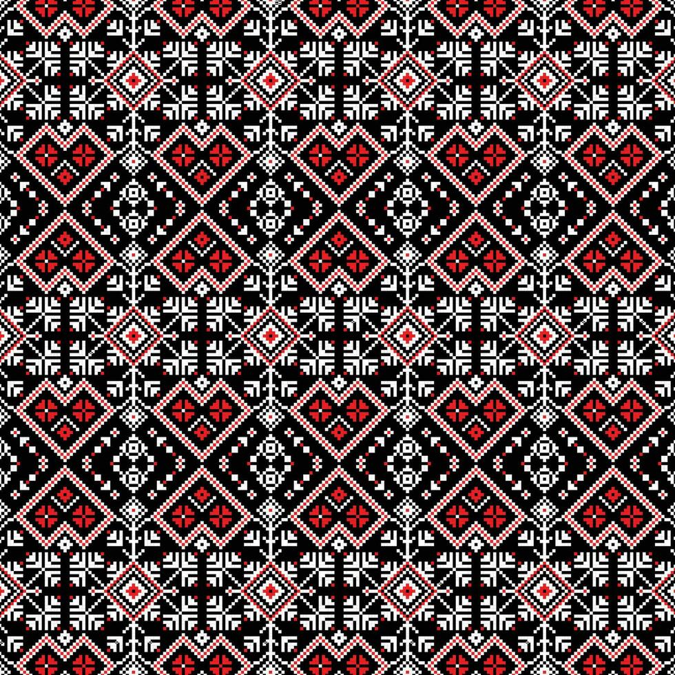 A vibrant pattern with black, red, and white flowers on a red background vector