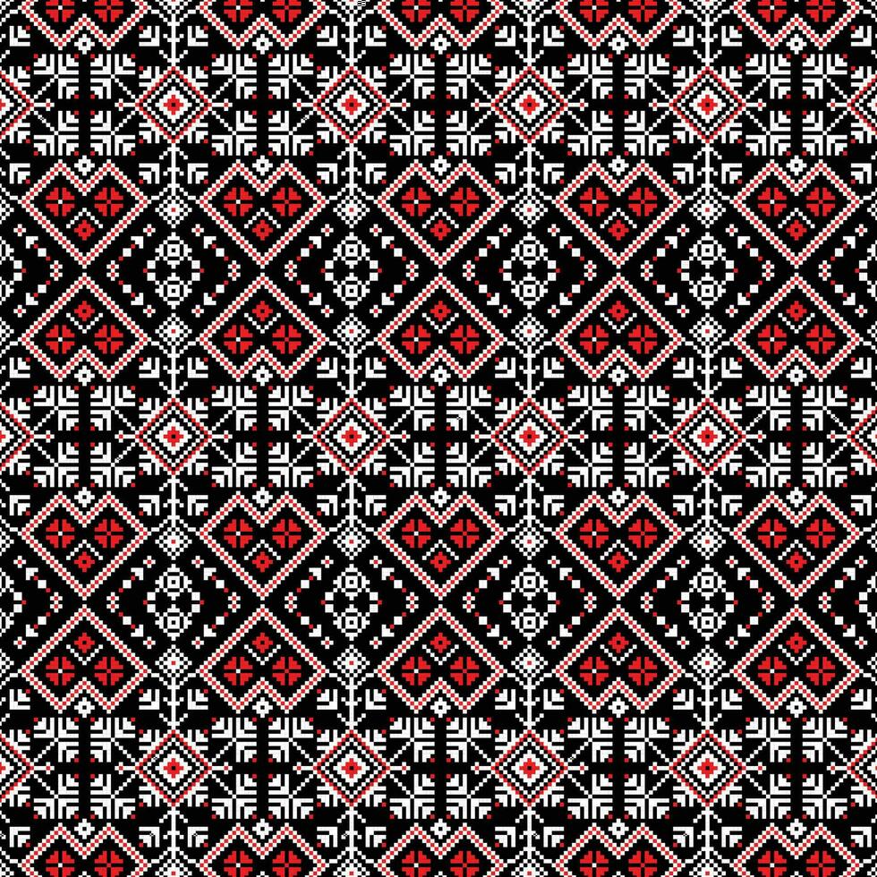 A vibrant pattern with black, red, and white flowers on a red background vector