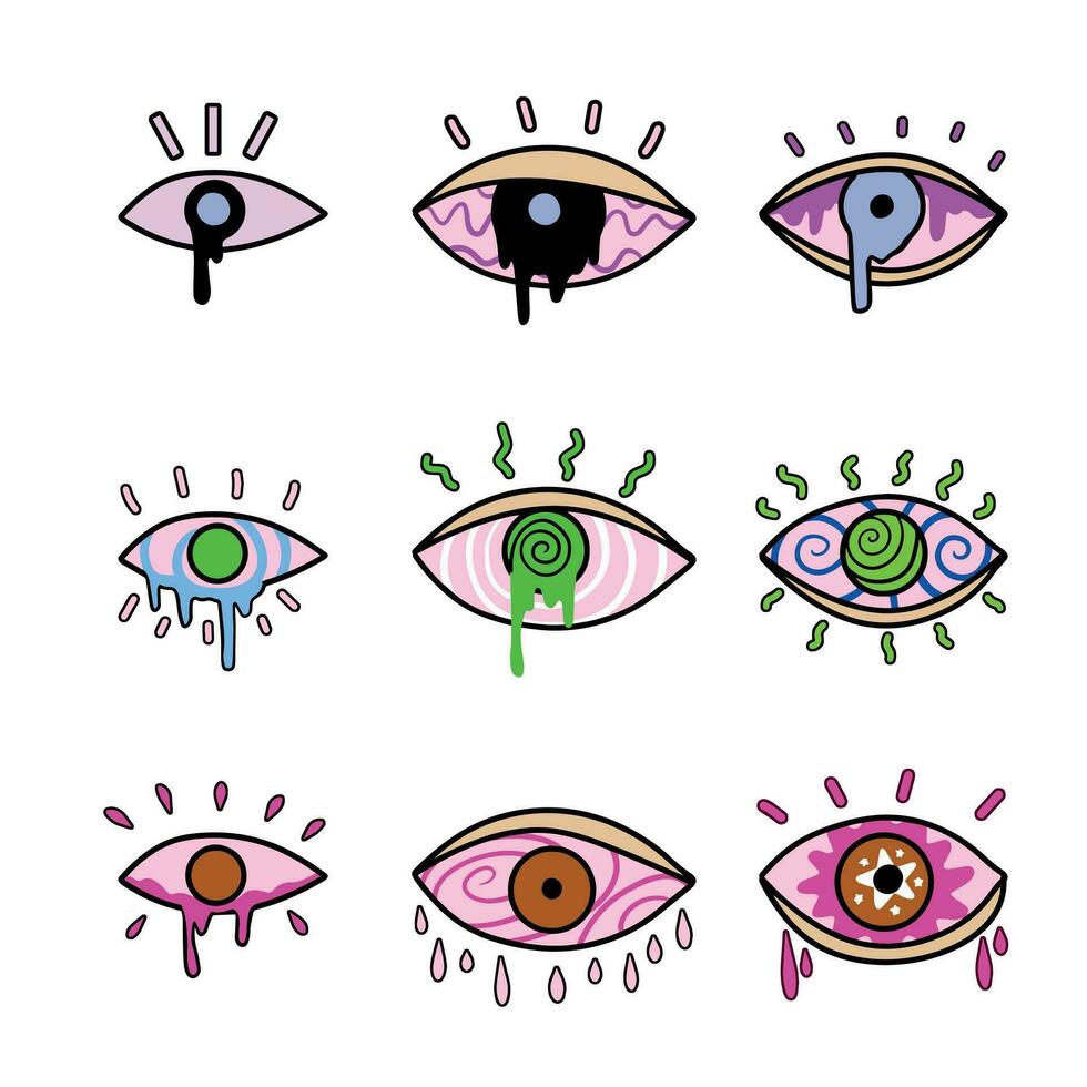 Groovy eye elements. 70s, 80s, 60s vibes funky sticker. Retro psychedelic vector illustration. Vintage nostalgia element for card, poster design and print