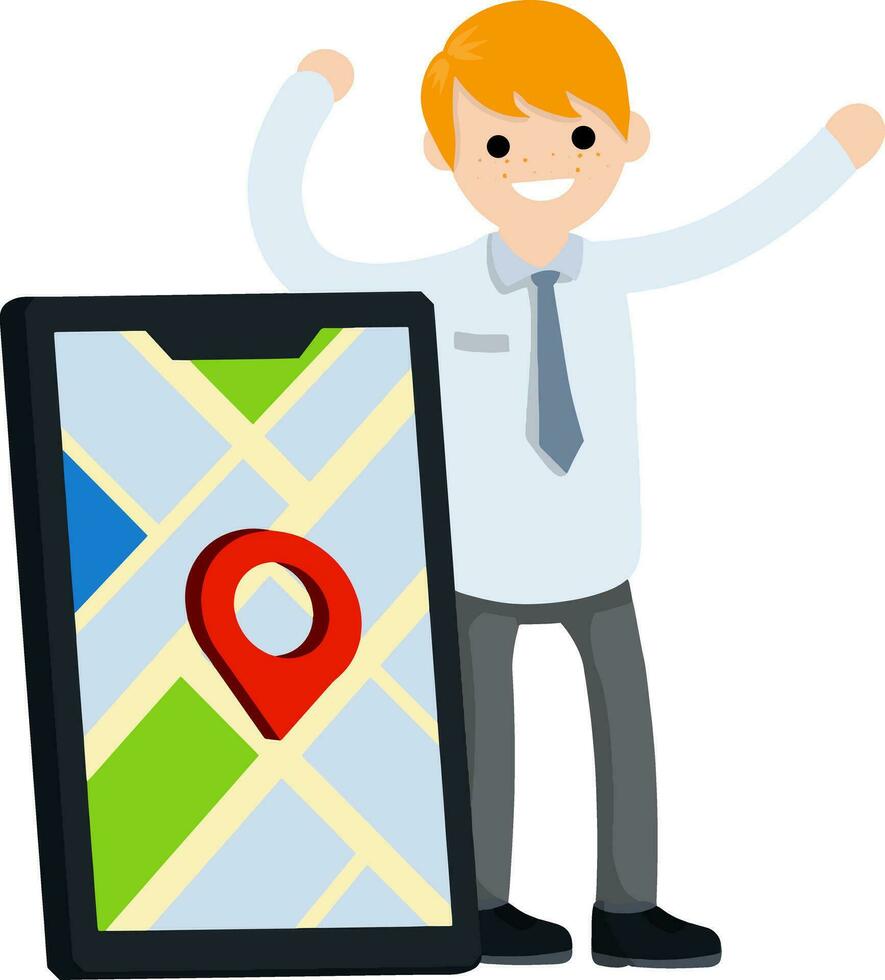 Businessman and big mobile phone. Vector illustration. Man in suit. Navigator and tracking with pin. Search for route of path. Happy office worker. Modern technology. Cartoon flat illustration