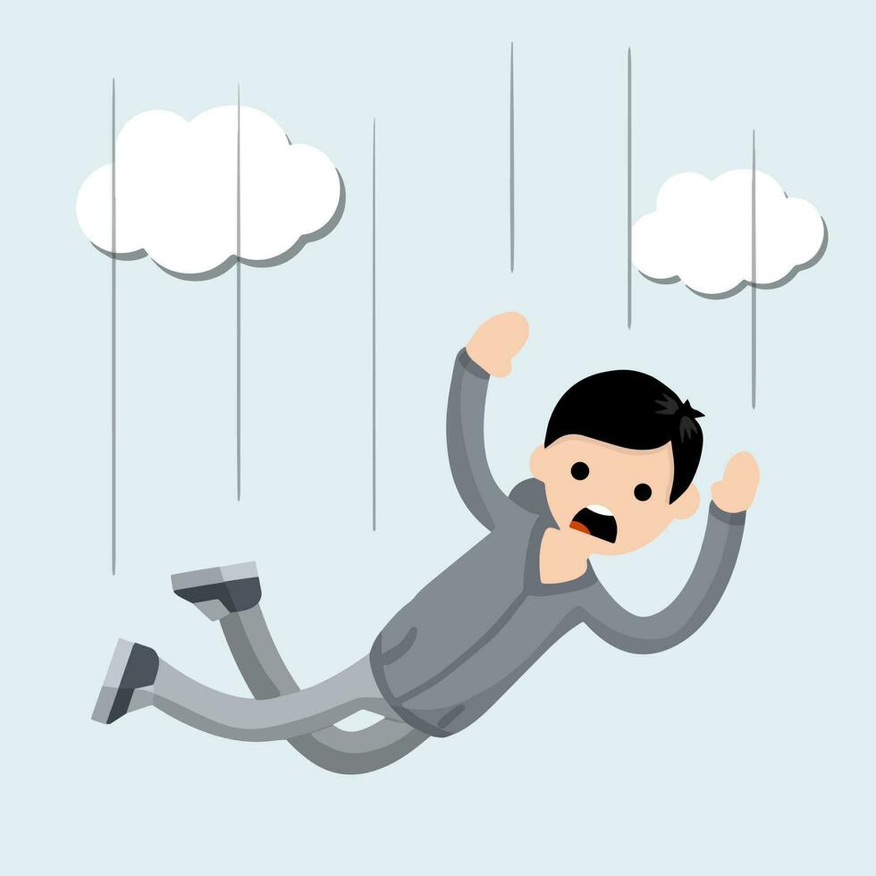 Drop young guy. Cartoon flat illustration. Falling man. horror and fear of heights - phobia Acrophobia. Flight among clouds vector