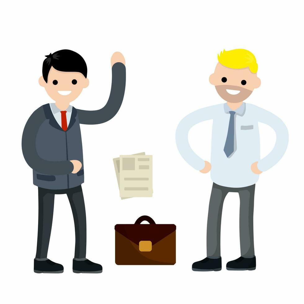 Male employee in shirt and tie. Case and paper file document. Office man in a funny pose and a set of objects. Colleagues and friends. Cartoon flat illustration vector