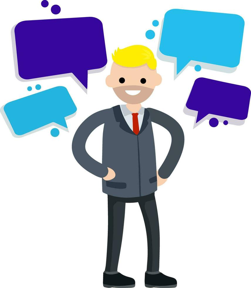 Businessman in suit. Man gestures hand. Office worker. happy Employee of company stands in pose. Funny guy in tie. Cartoon flat illustration vector