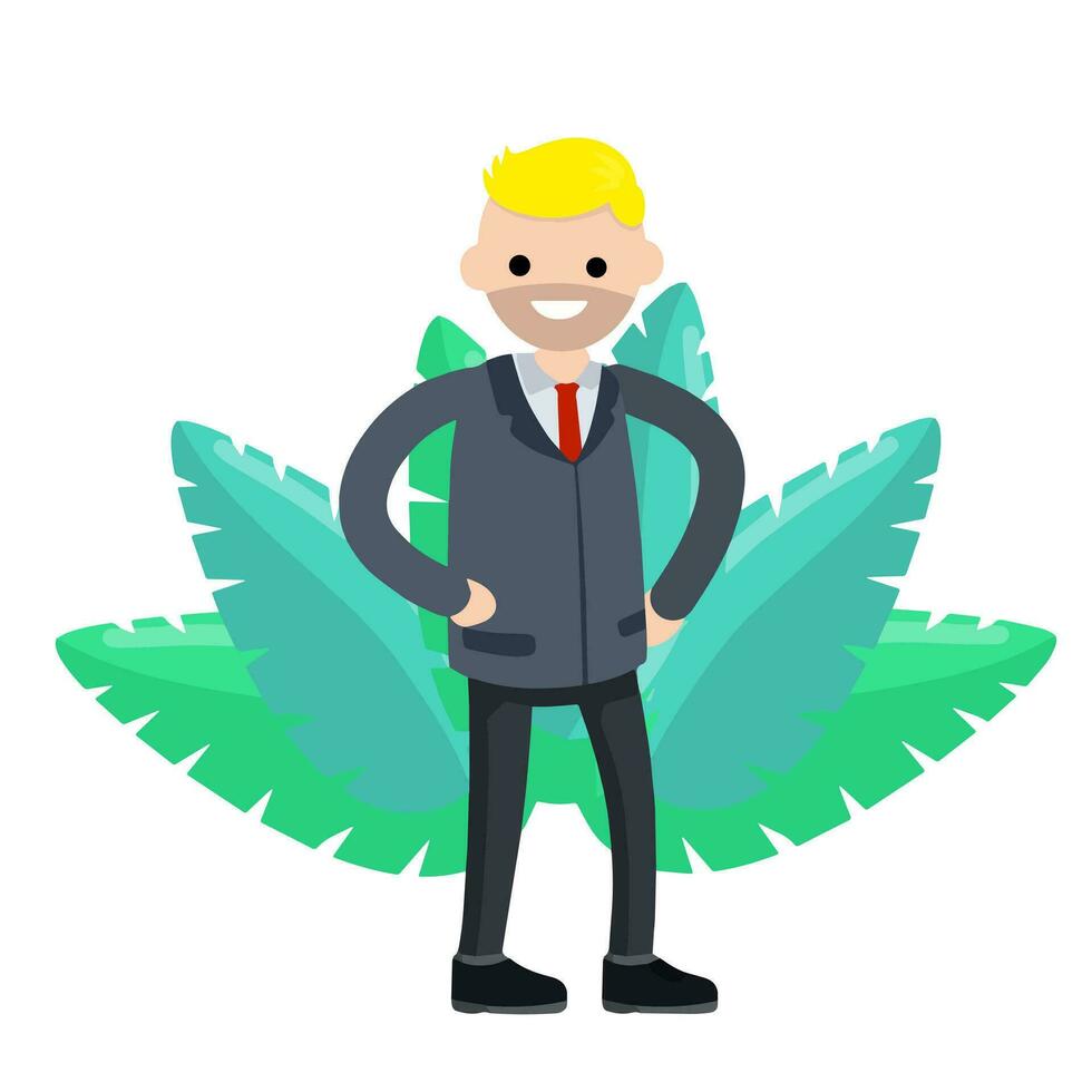 Businessman in suit. Man gestures hand. Office worker. happy Employee of company stands in pose. Funny guy in tie. Cartoon flat illustration vector