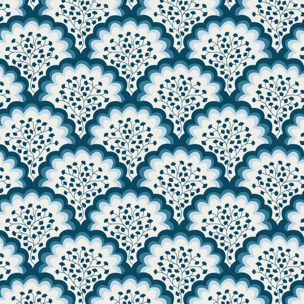 A intricate blue and white wallpaper design, seamless repeated pattern vector