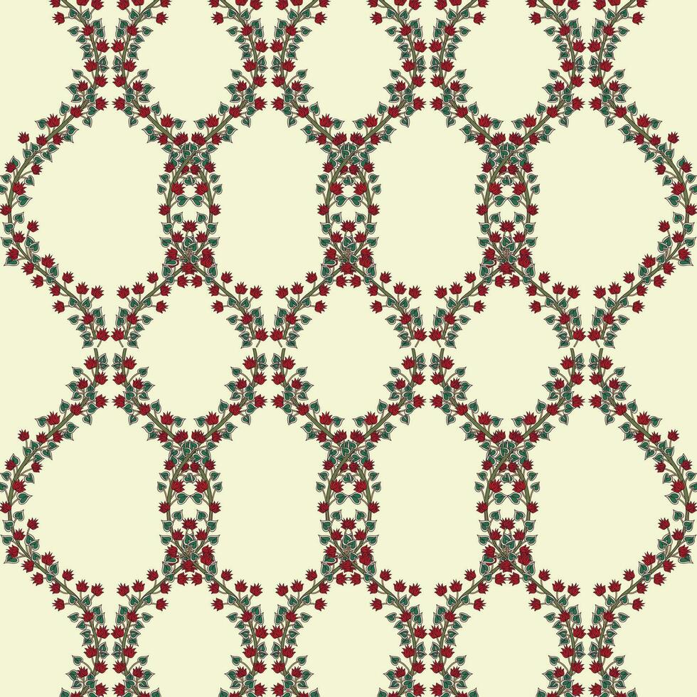 A vibrant red and green vines jaal floral pattern on a clean creme background vector