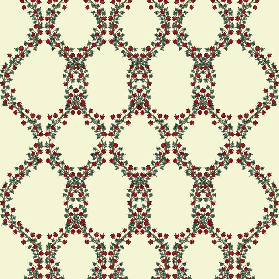 A vibrant red and green vines jaal floral pattern on a clean creme background vector