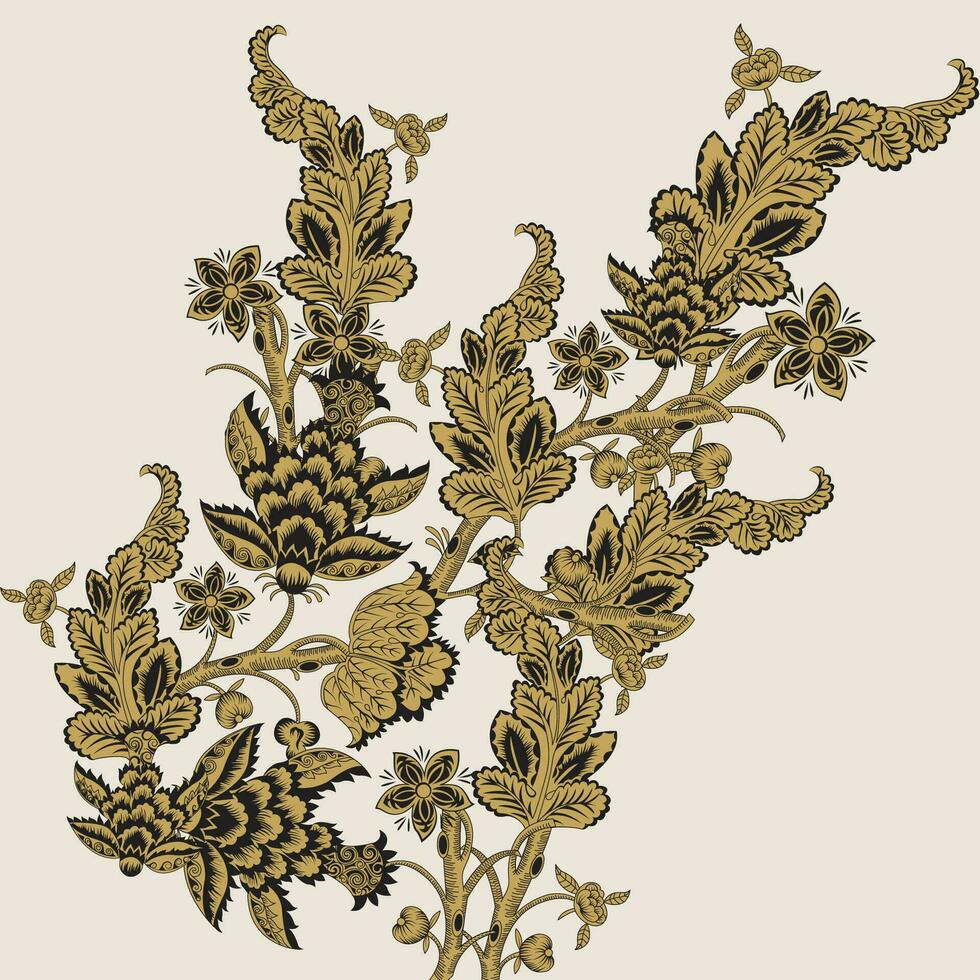 A drawing of a bunch of flowers with leaves and swirls on a creme background vector