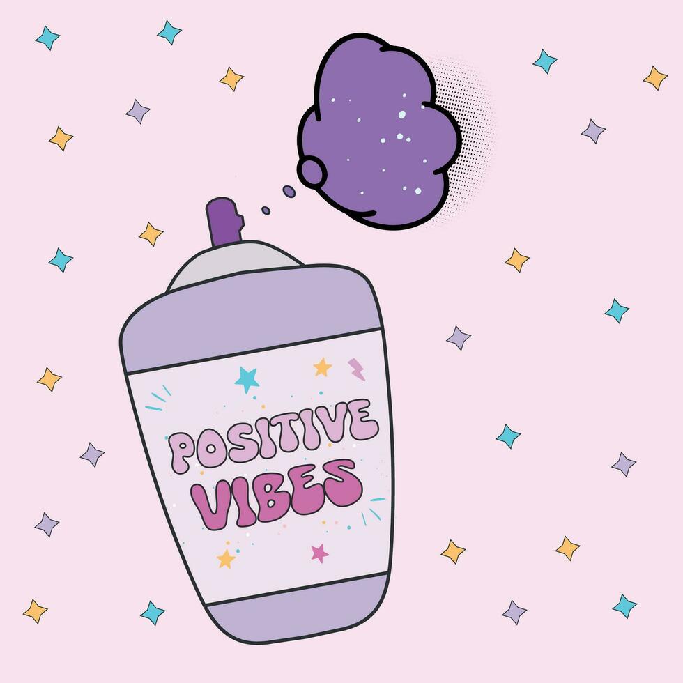 Groovy Positive vibes spray. Sticker pack in trendy retro psychedelic cartoon style. Isolated vector illustration