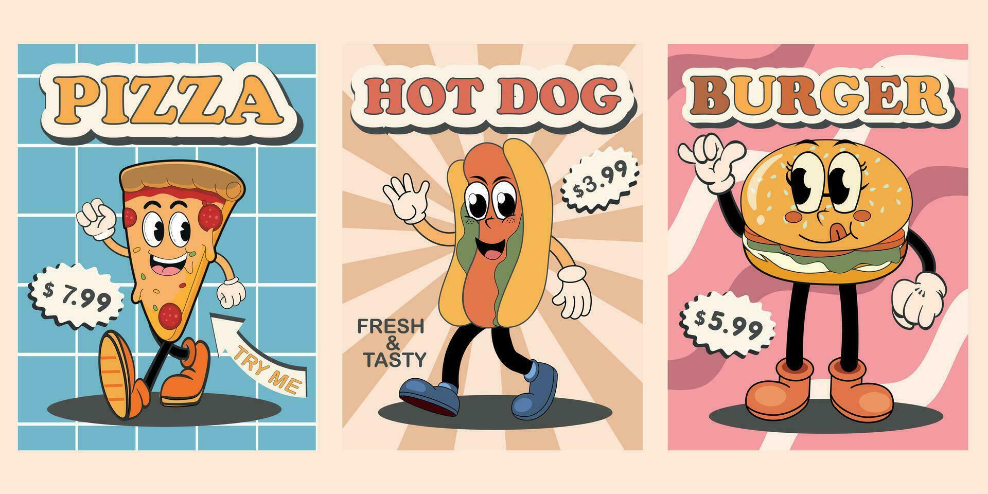 carteles conjunto con de moda retro maravilloso rápido comida caracteres. maravilloso miedoso en de moda retro dibujos animados estilo. mascotas para bar y restaurante. vector ilustración.