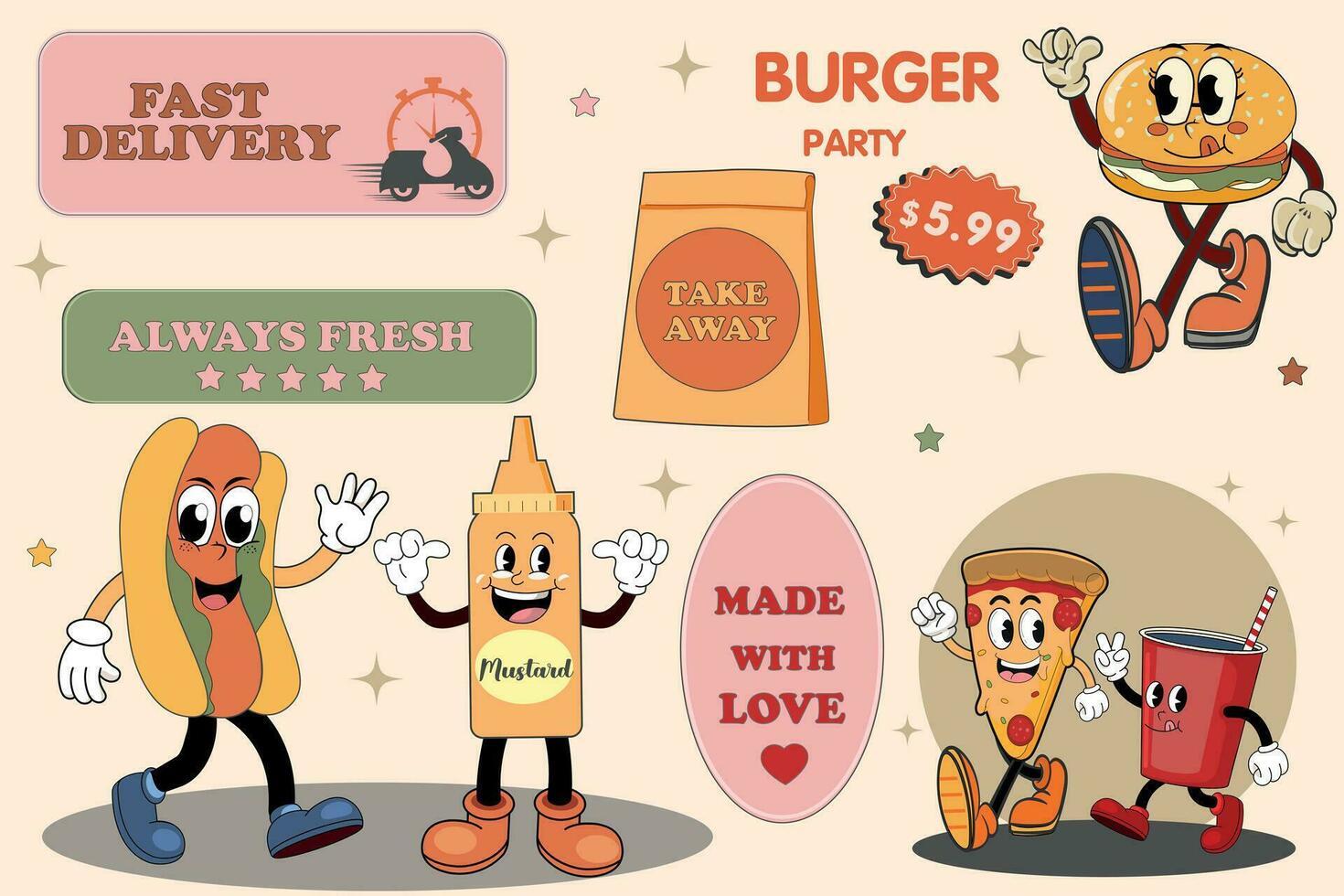 Trendy sticker set with funky retro food characters. Branding mascots for cafe, restaurant, bar. Groovy funky in trendy retro cartoon style. Vector illustration