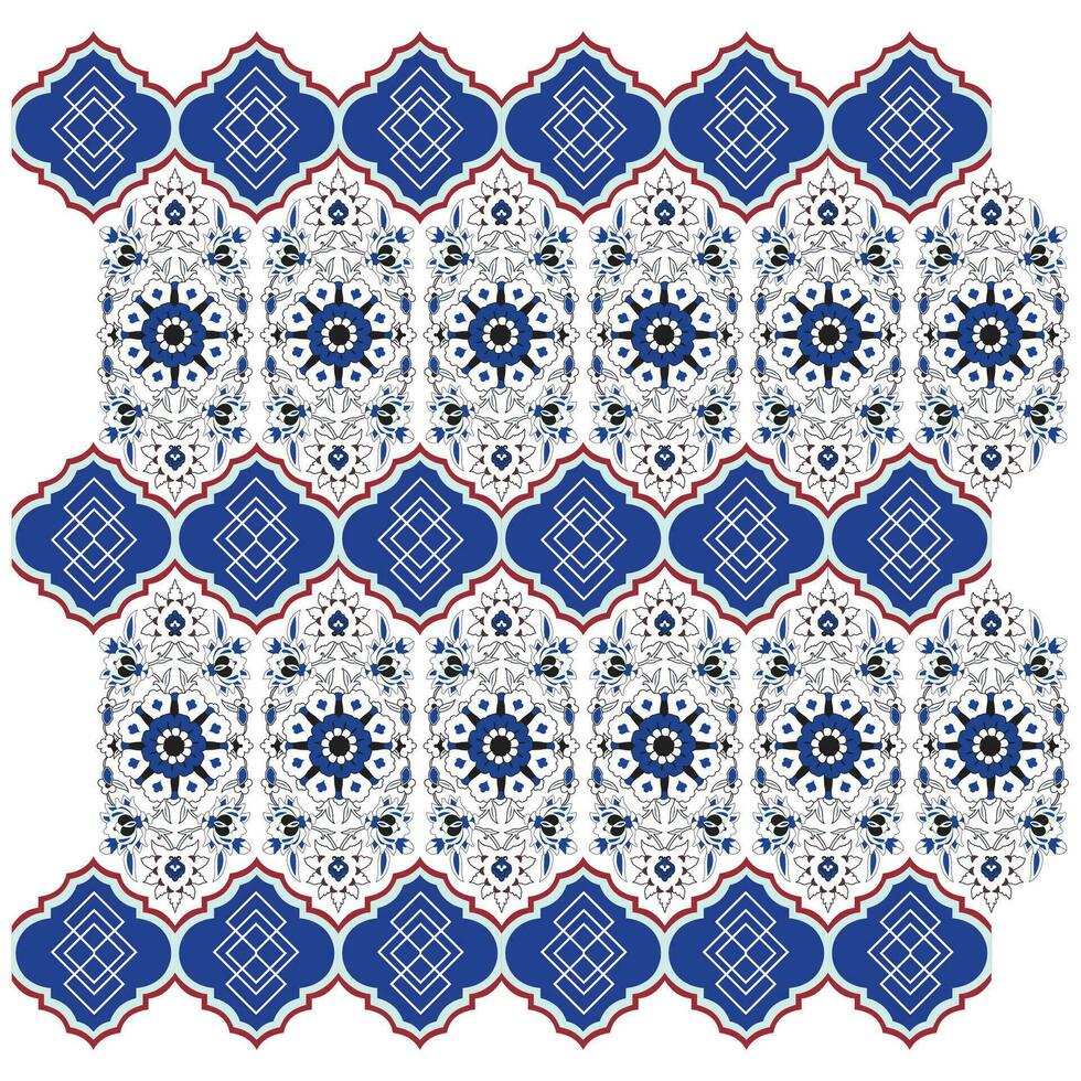 A blue and white pattern with a red border floral motif vector