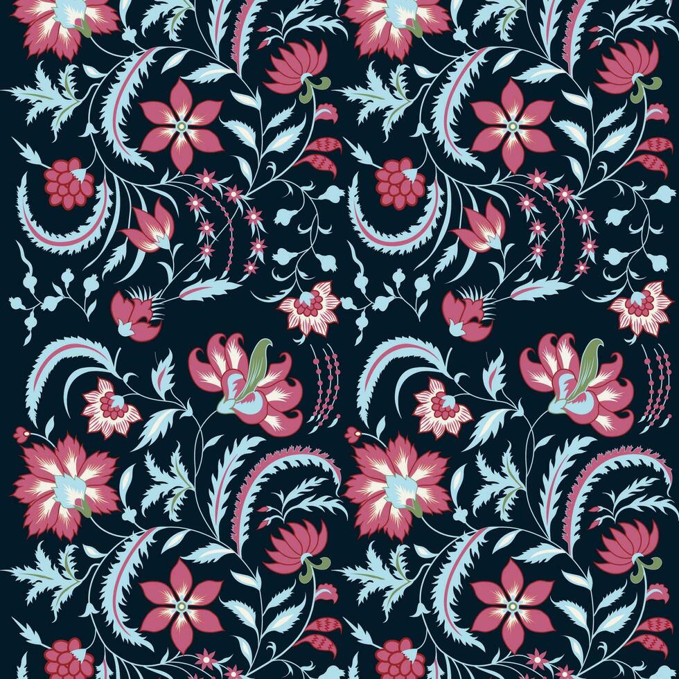 Beautiful pink and blue flowers on a dark background, floral pattern vector