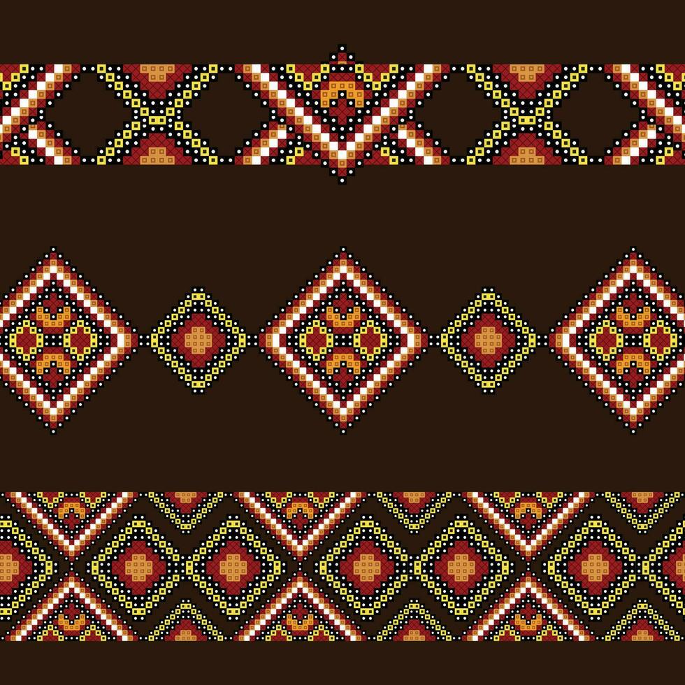 A colorful cross stitch pattern in red, yellow, and brown threads, repeated seamless border vector